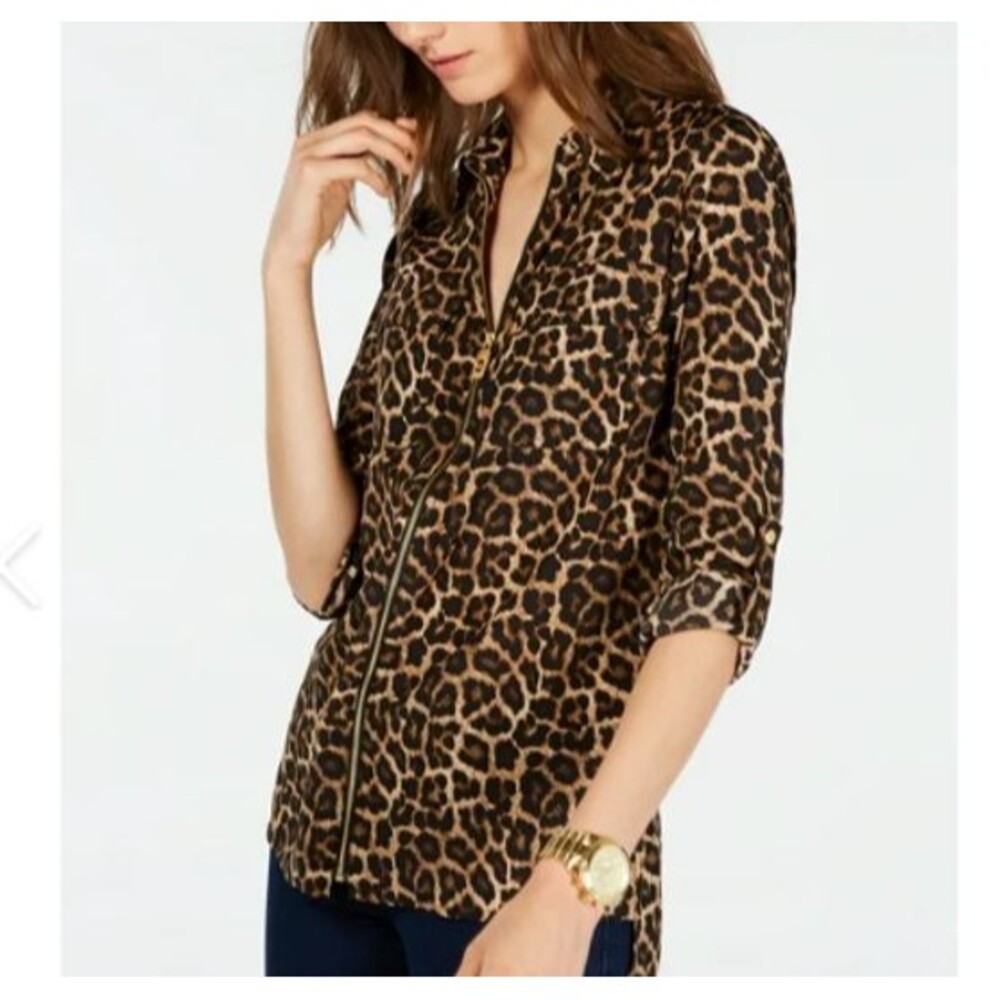 Michael Kors women Large top Leopard Print Dog Tag Zip Front Shirt animal print